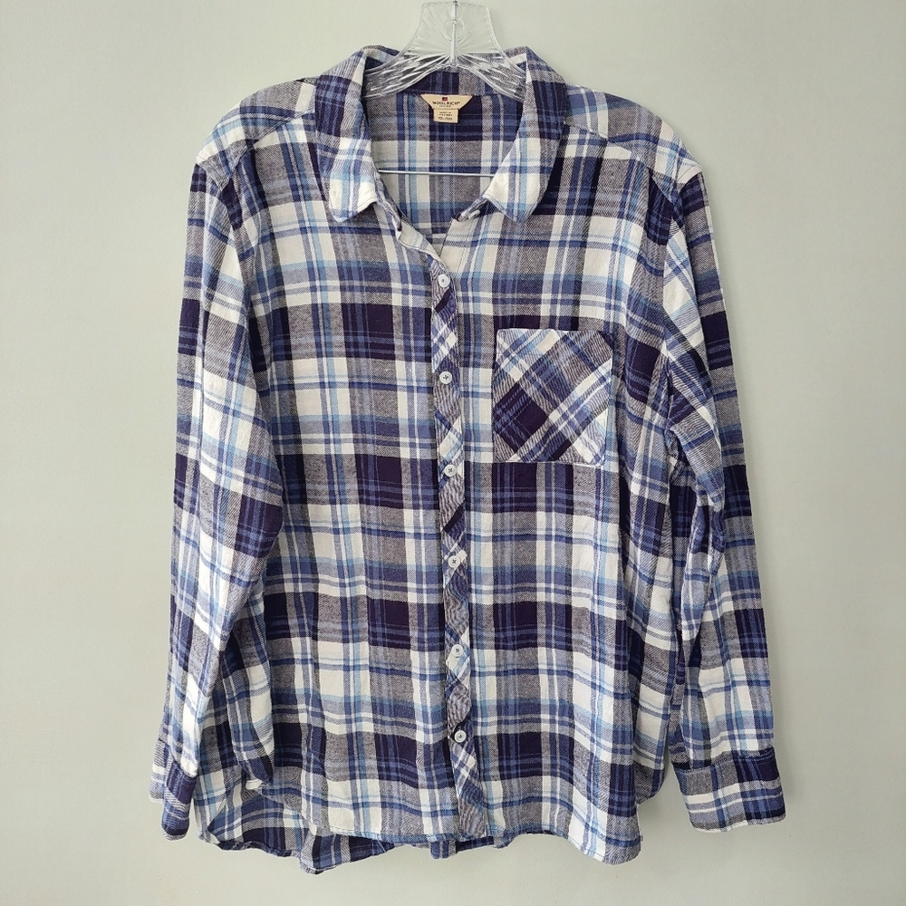 Woolrich Button-up Shirt XXL blue white paid long sleeve collared
